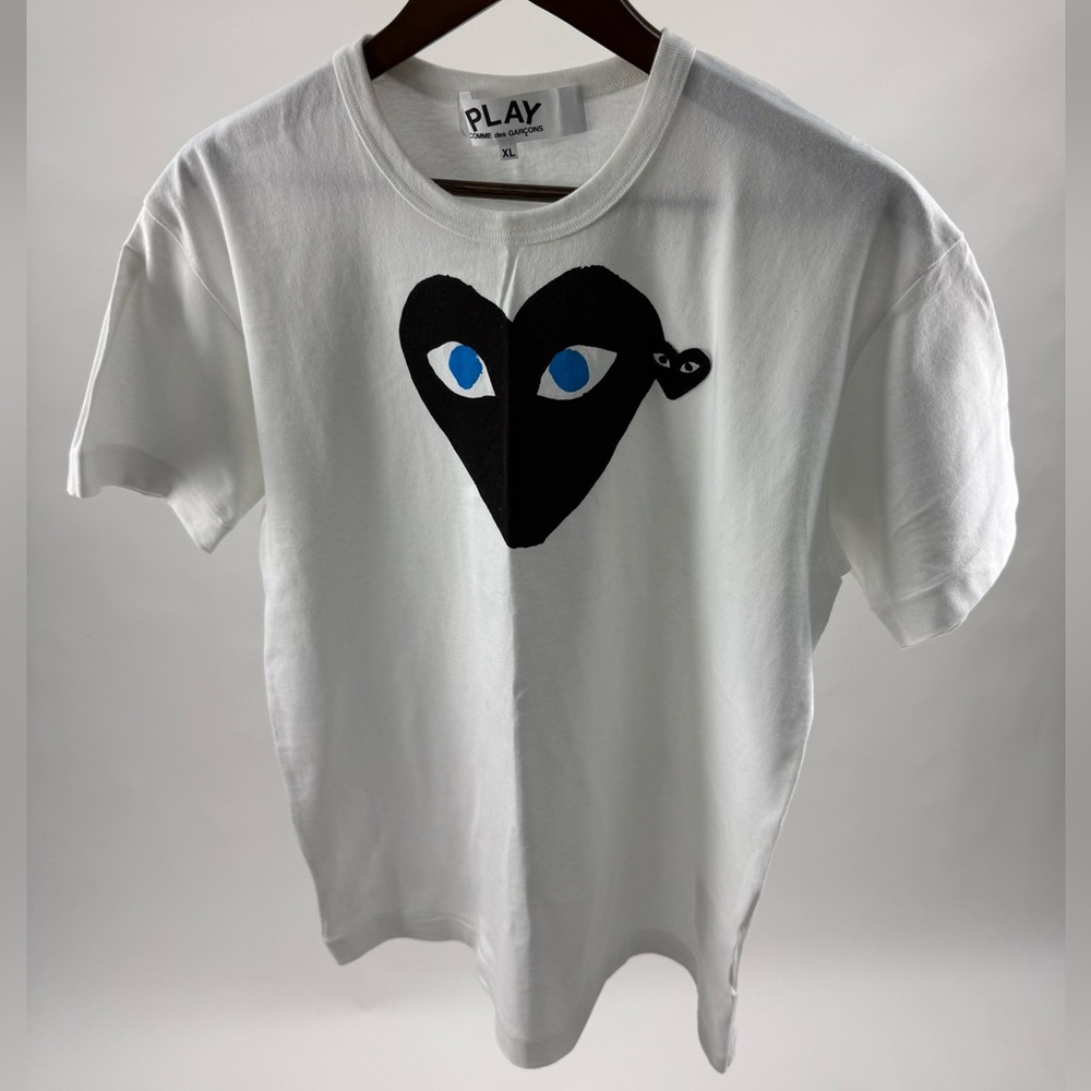 Comme des Garcons Play White Tee with Black Heart and Blue Eyes